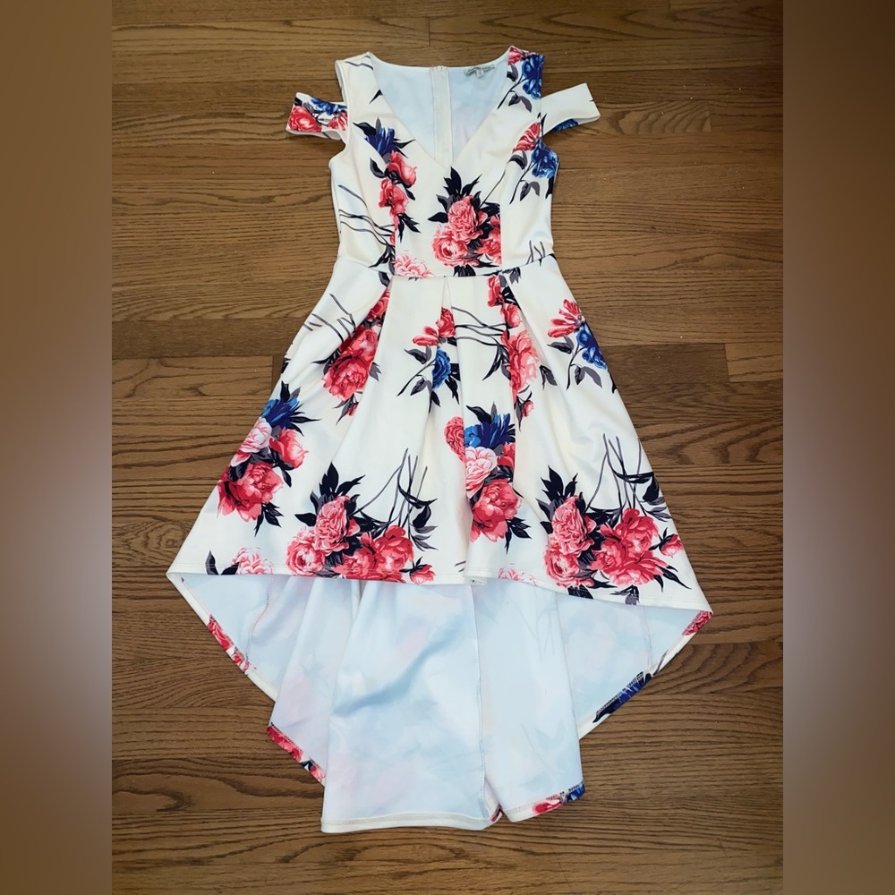Charlotte Russe White Flower Patterned Long Asymmetrical Dress, Size Small